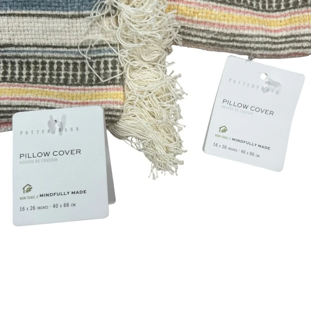 Pottery Barn Cassidy Striped Lumbar Pillow Covers Set/2 16x26 Cotton Linen woven